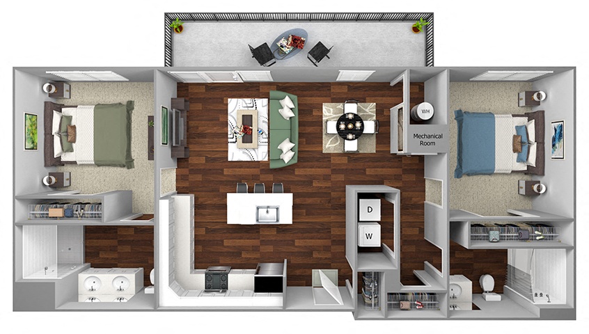 Floor plan for 2 beds, 2 baths, 1102 sqft